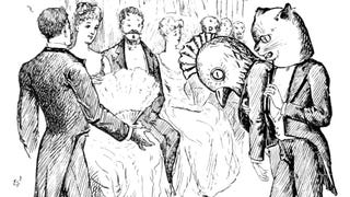An illustation of two people in tuxedos and ridiculous big animal masks bowing before a fine lady.