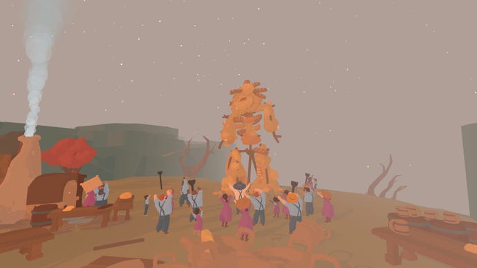 The people in a village in Outlanders gather around a large bread effigy they’ve built