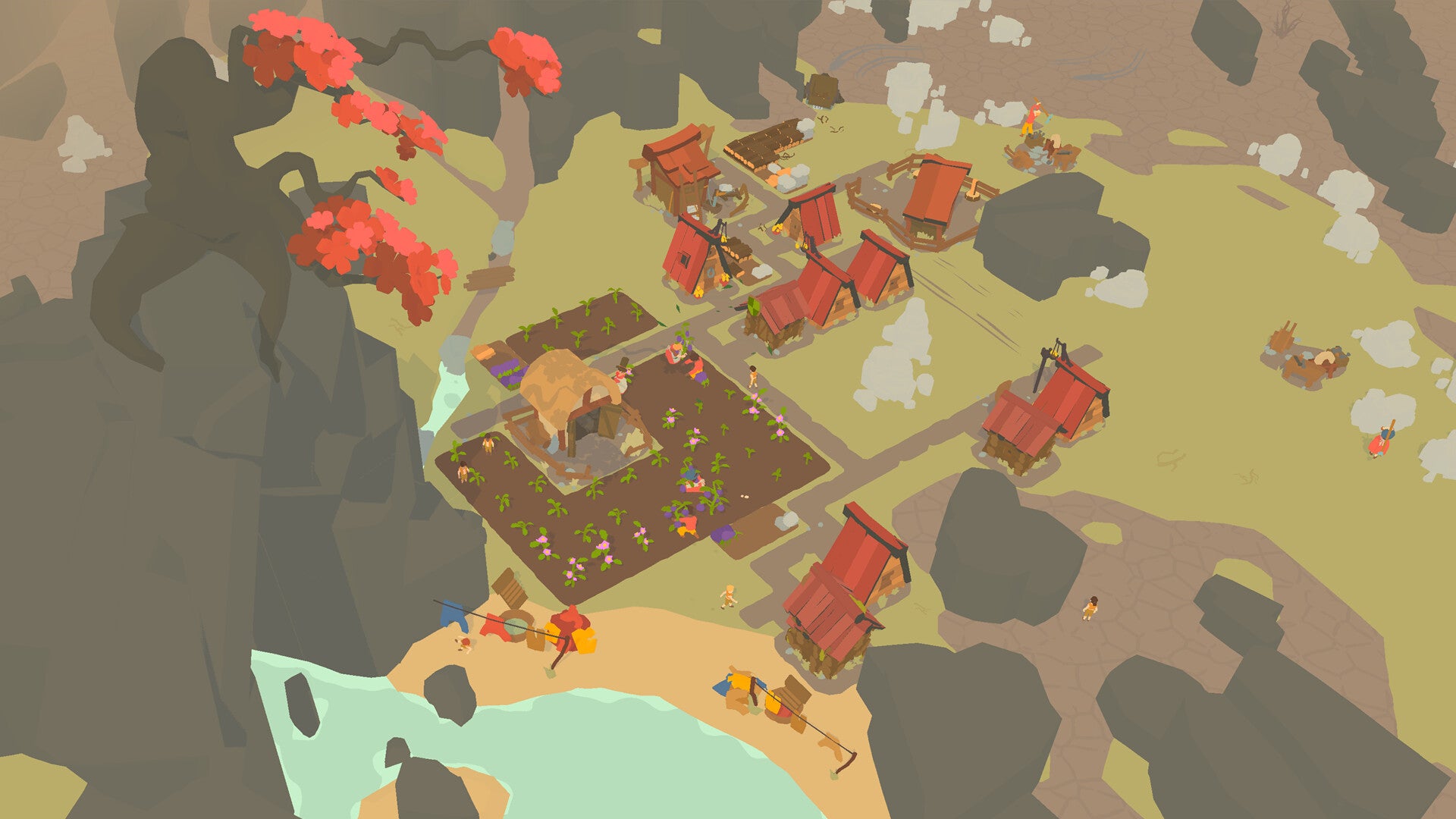 An isometric top down view of a cell-shaded coastal village in Outlanders - 34