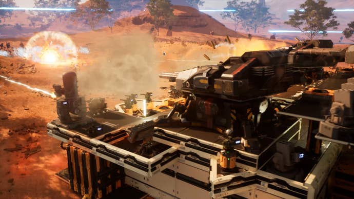 Cannons shooting at enemies in Outpost: Infinity Siege