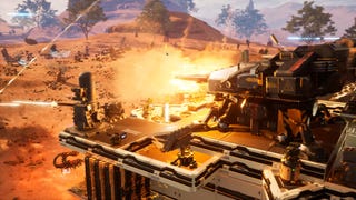 Turrets fire in the desert in Outpost: Infinity Siege.