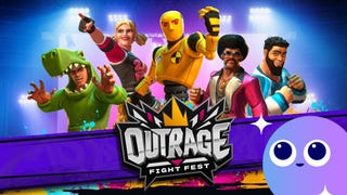 Key art for Outrage: Fight Fest, featuring five characters. The Eurogamer Wishlisted logo is also present in the lower right corner.