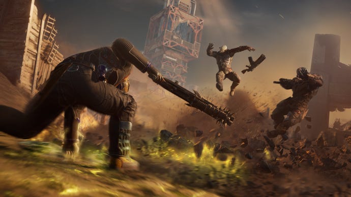 Promotional Outriders art showcasing a Devastator dispatching an enemy with a ground-slam Earthquake ability.