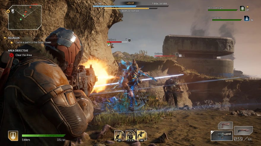 A screenshot of Outriders, which shows me firing shots at an enemy that's charging me down.