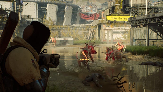 An Outriders screenshot of the player aiming with a shotgun at one of several Perforo enemies heading towards them.