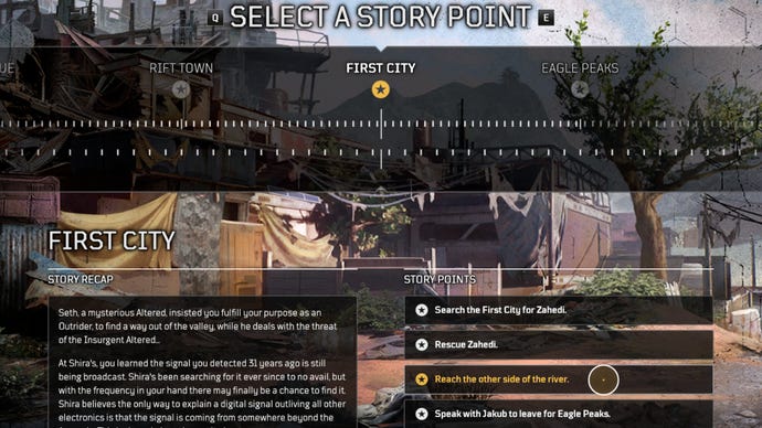 A screenshot of the Outriders Story Point menu, with the “Reach the other side of the river” story point highlighted.