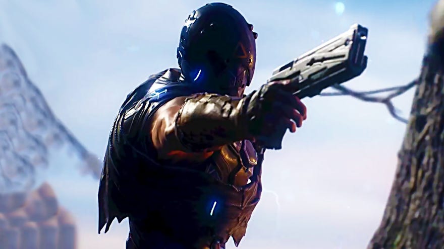 A character from Outriders pointing their pistol off to the side