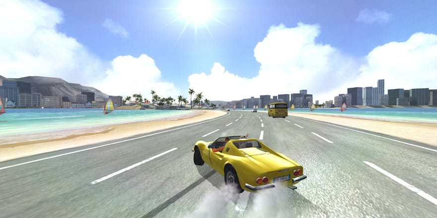 A yellow car power slides along a road shouldered by beaches in OutRun 2006.