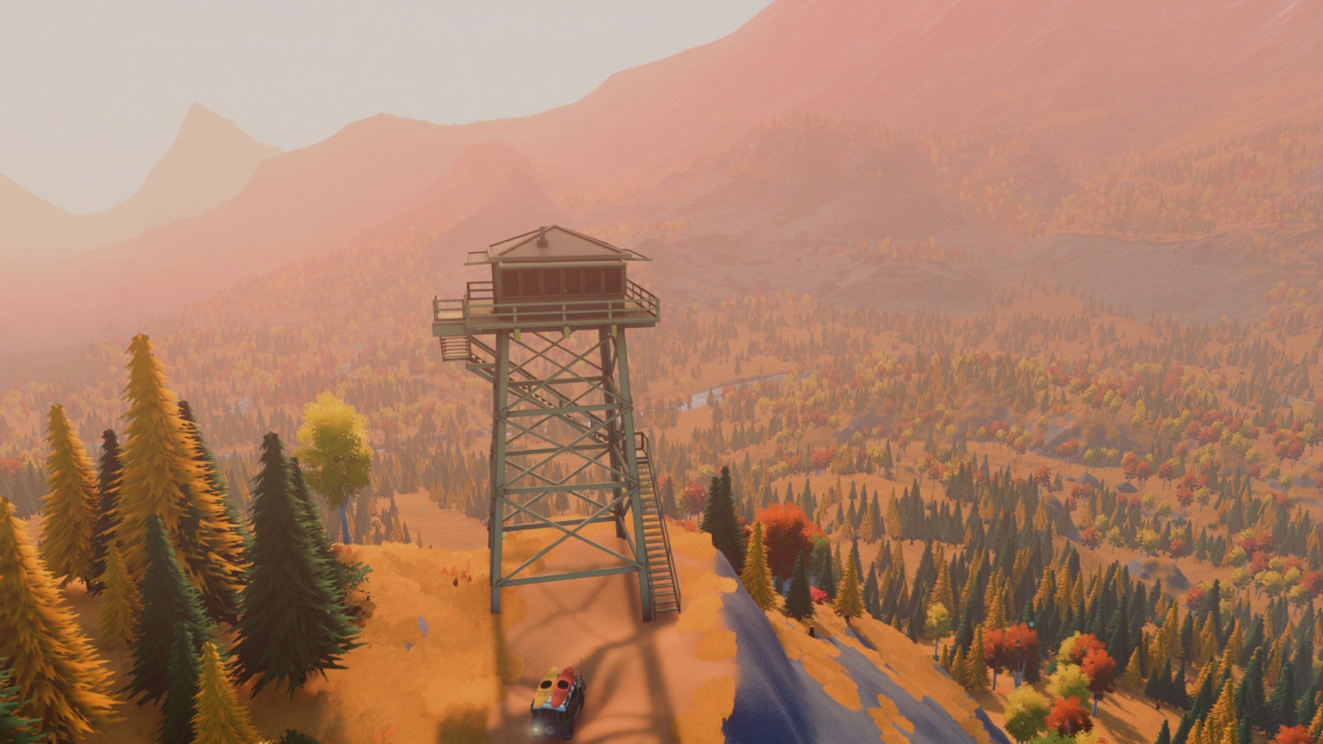 A jeep looking out at a watchtower's vista in Over the Hill.