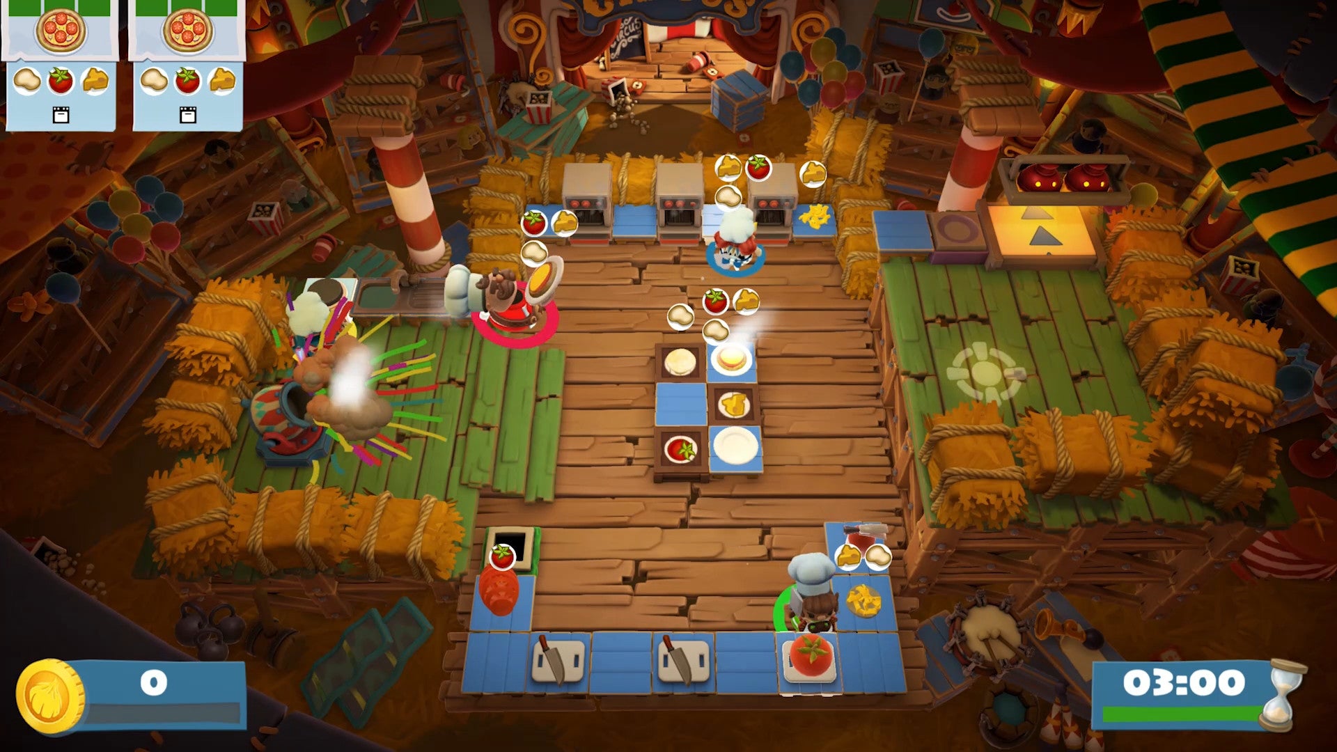 Four players attempt to prepare food in a barn-themed kitchen in Overcooked 2 - 8
