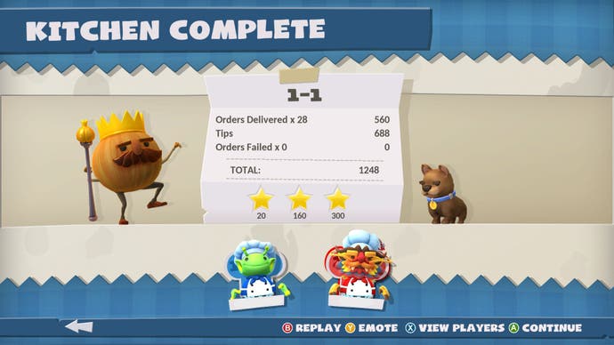 A mission complete image from Overcooked, showing a dancing onion with a moustache next to a summary receipt of the level's action.