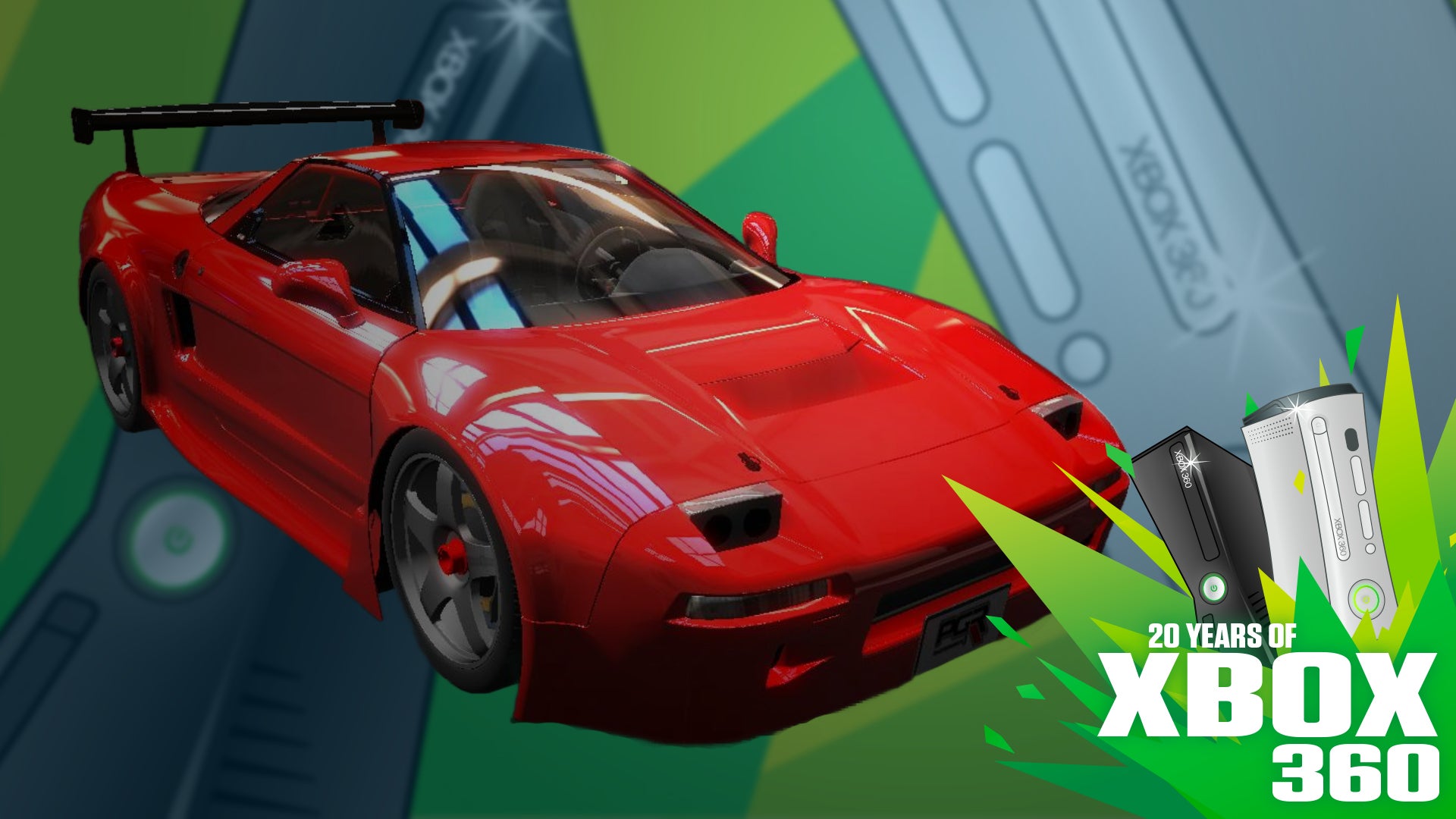 An overlay that says '20 years of the Xbox 360' over the top of a car and 2 360 consoles.