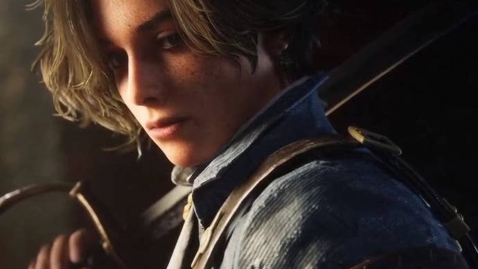 The boyish puppet pb of Lies Of P looking down thoughtfully with a sword leaning connected his shoulder