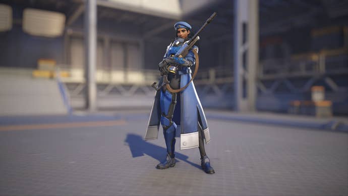 Ana models her Captain Amari skin in Overwatch 2.