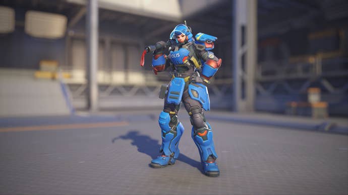 Brigitte models her Riot Police skin in Overwatch 2.