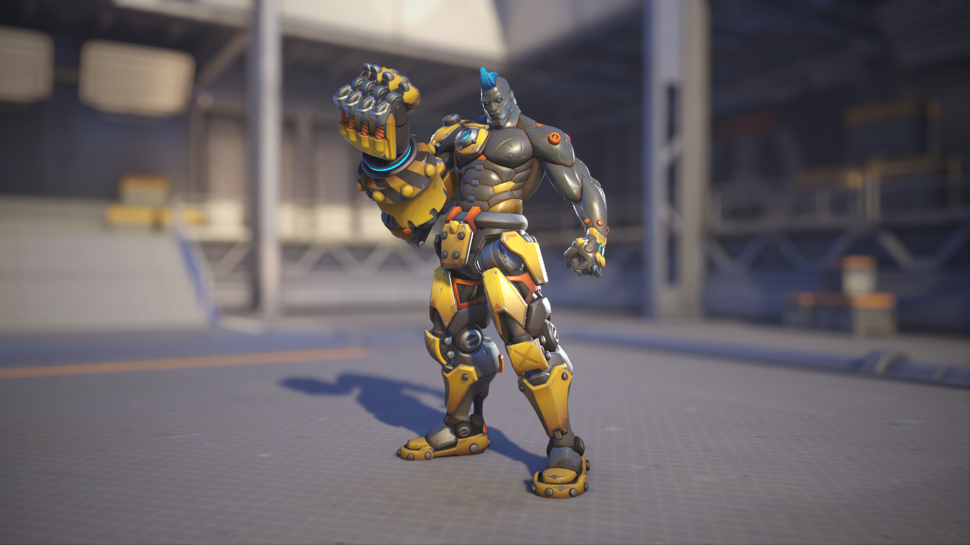 Doomfist models his Caution skin in Overwatch 2.