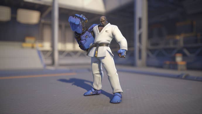 Doomfist models his Karate skin in Overwatch 2.