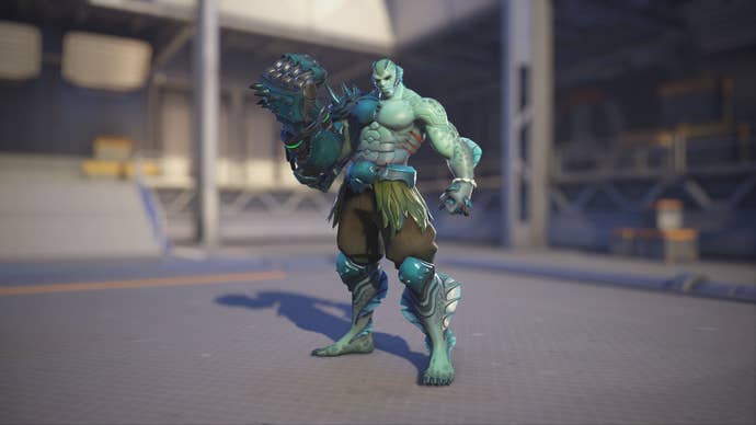 Doomfist models his Swamp Monster skin in Overwatch 2.