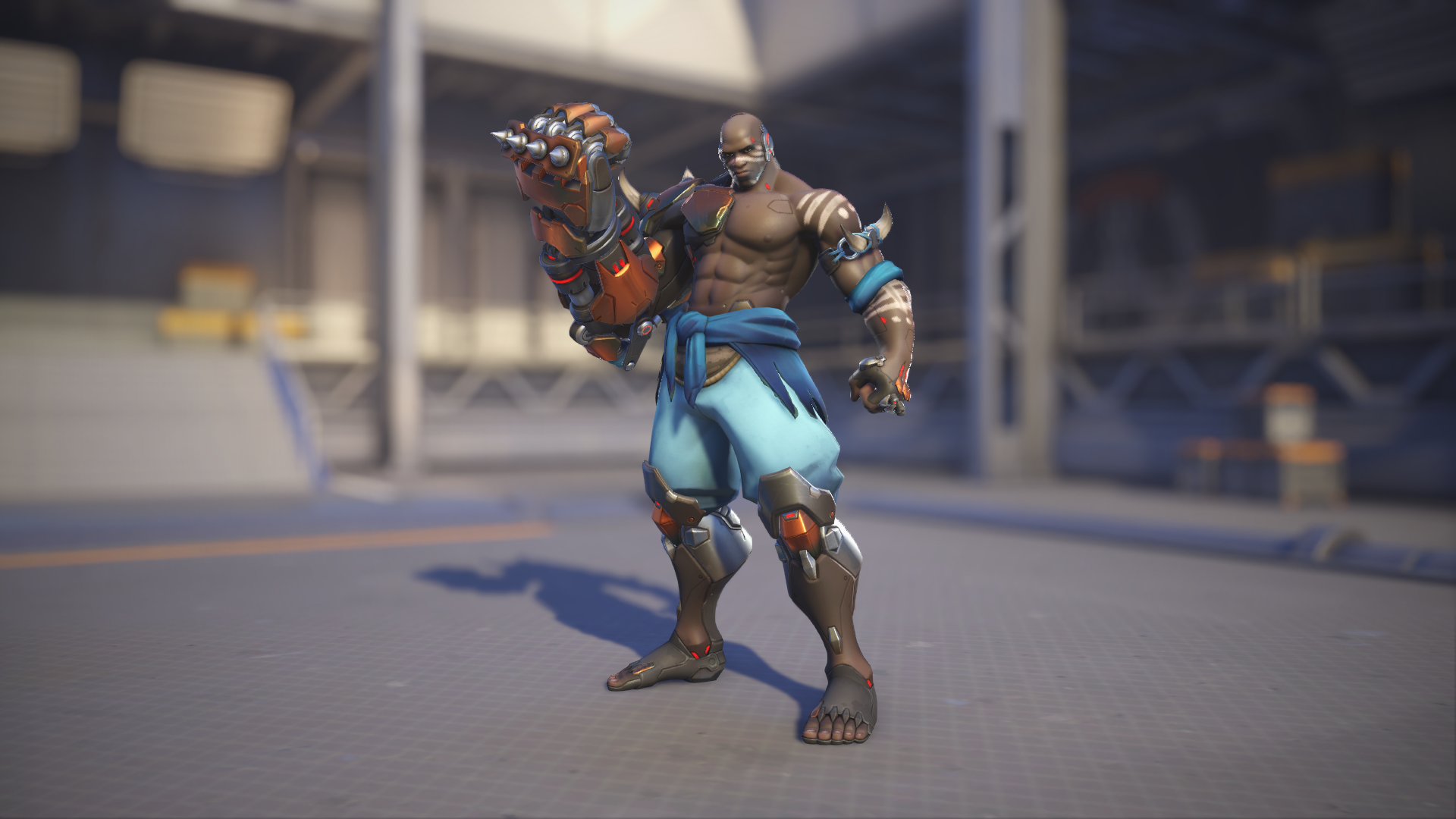 Doomfist models his Sunset skin in Overwatch 2.