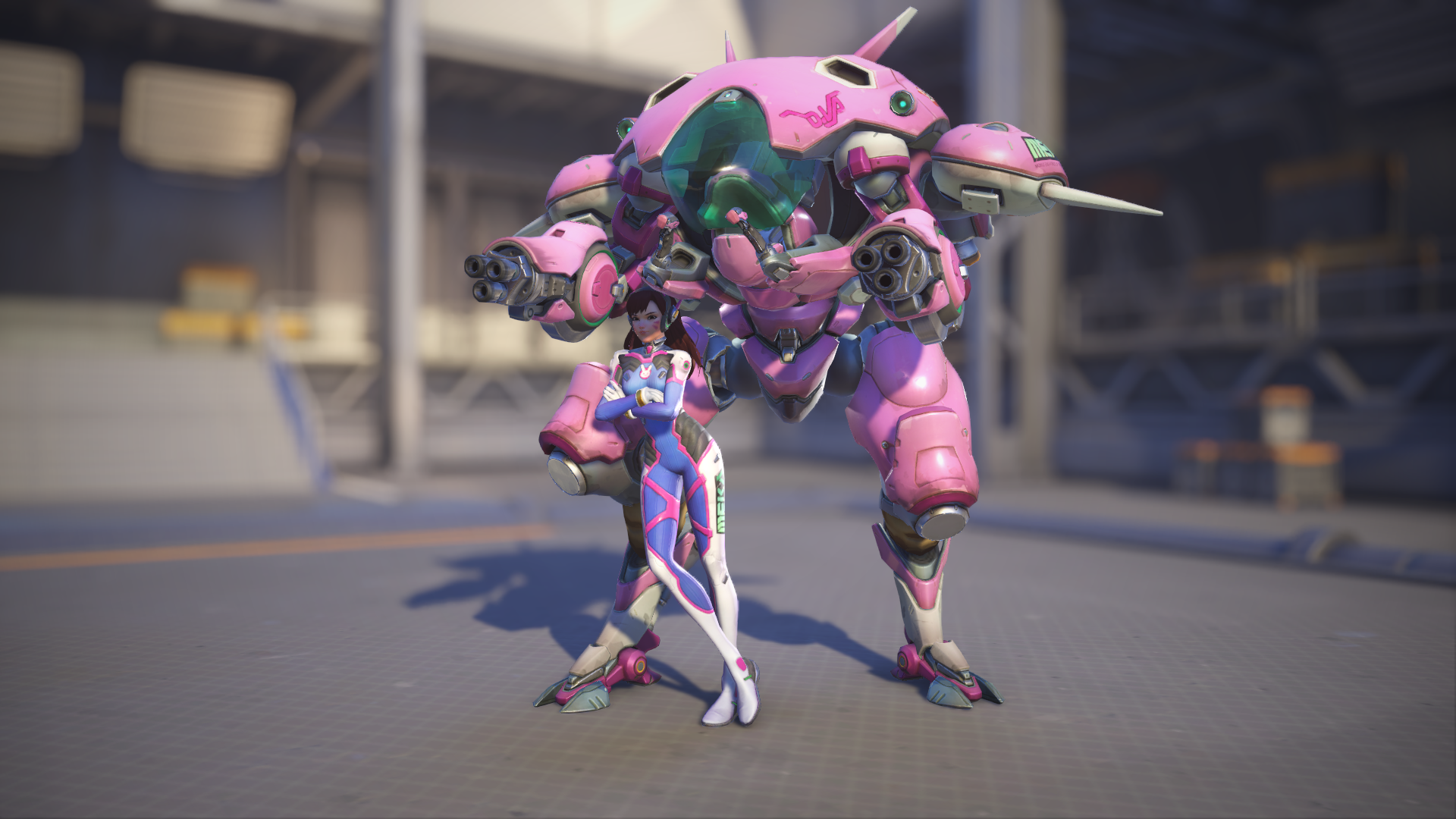 D.Va models her Overwatch 1 skin in Overwatch 2.
