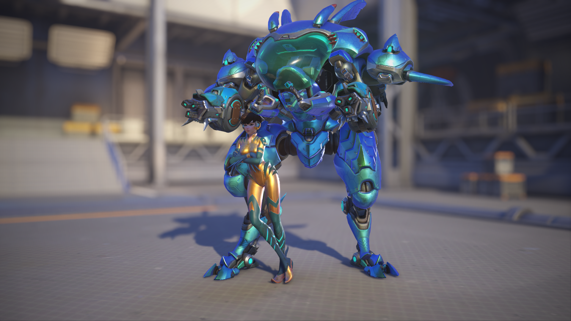 D.Va models her Junebug skin in Overwatch 2.