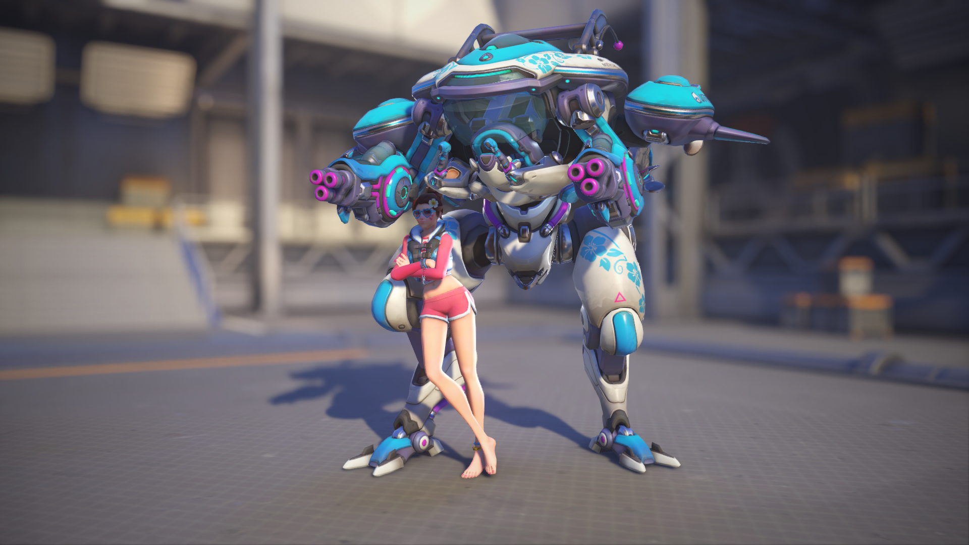 D.Va models her Waveracer skin in Overwatch 2.