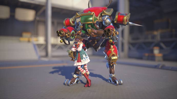 D.Va models her Sleighing skin in Overwatch 2.