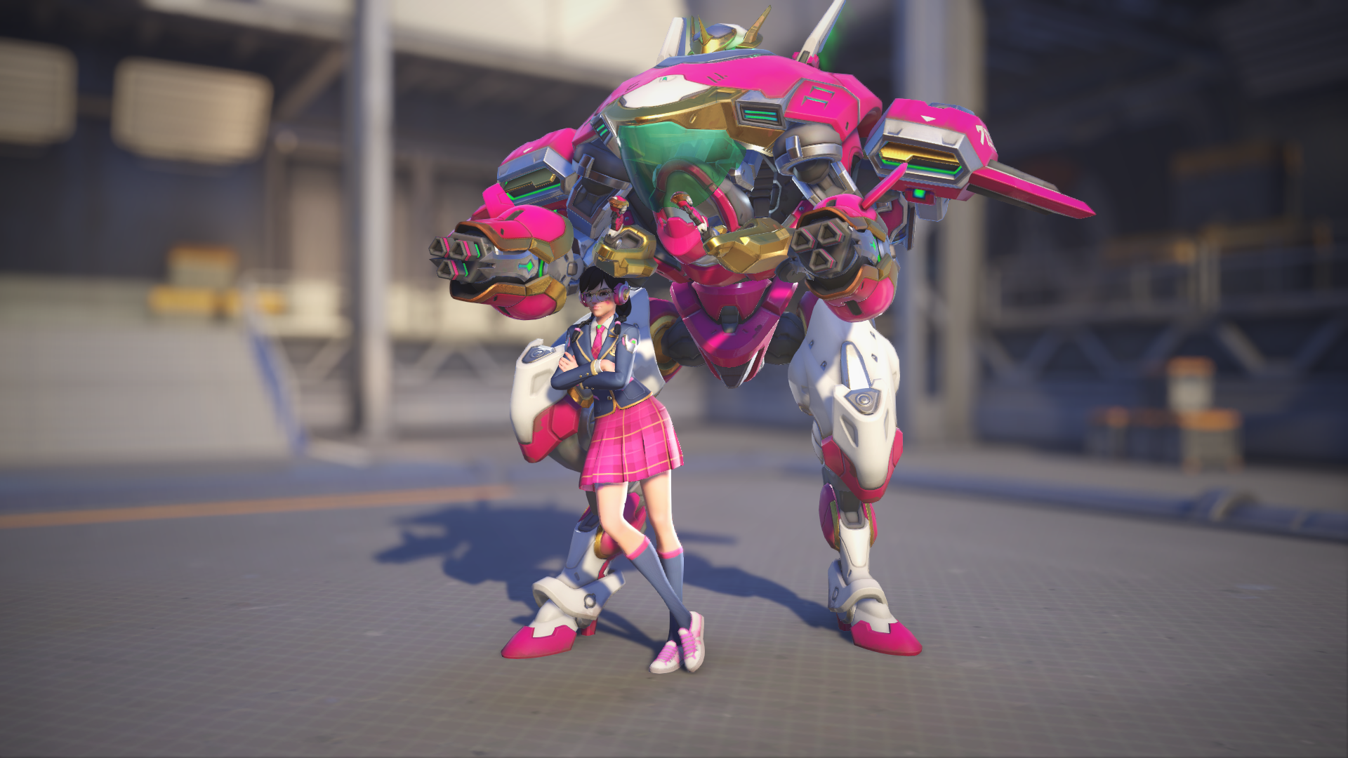 D.Va models her Academy skin in Overwatch 2.