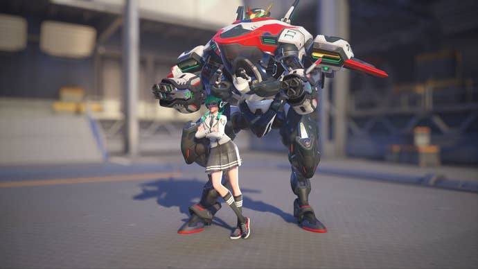 D.Va models her Varsity skin in Overwatch 2.