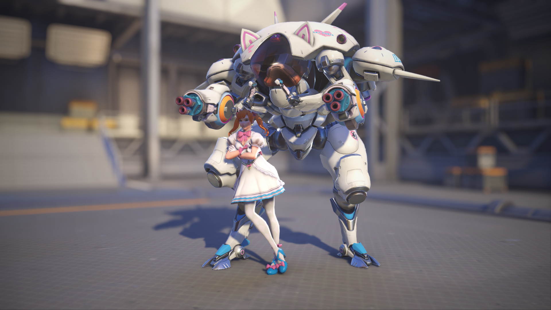 D.Va models her White Cat skin in Overwatch 2.