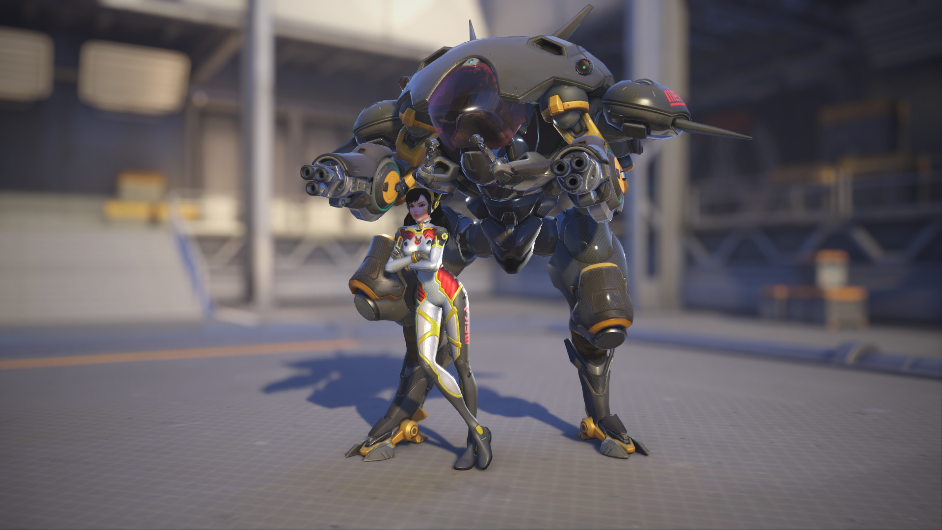 D.Va models her Carbon Fiber skin in Overwatch 2.