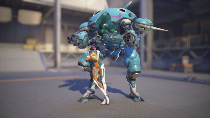 D.Va models her Blueberry skin in Overwatch 2.