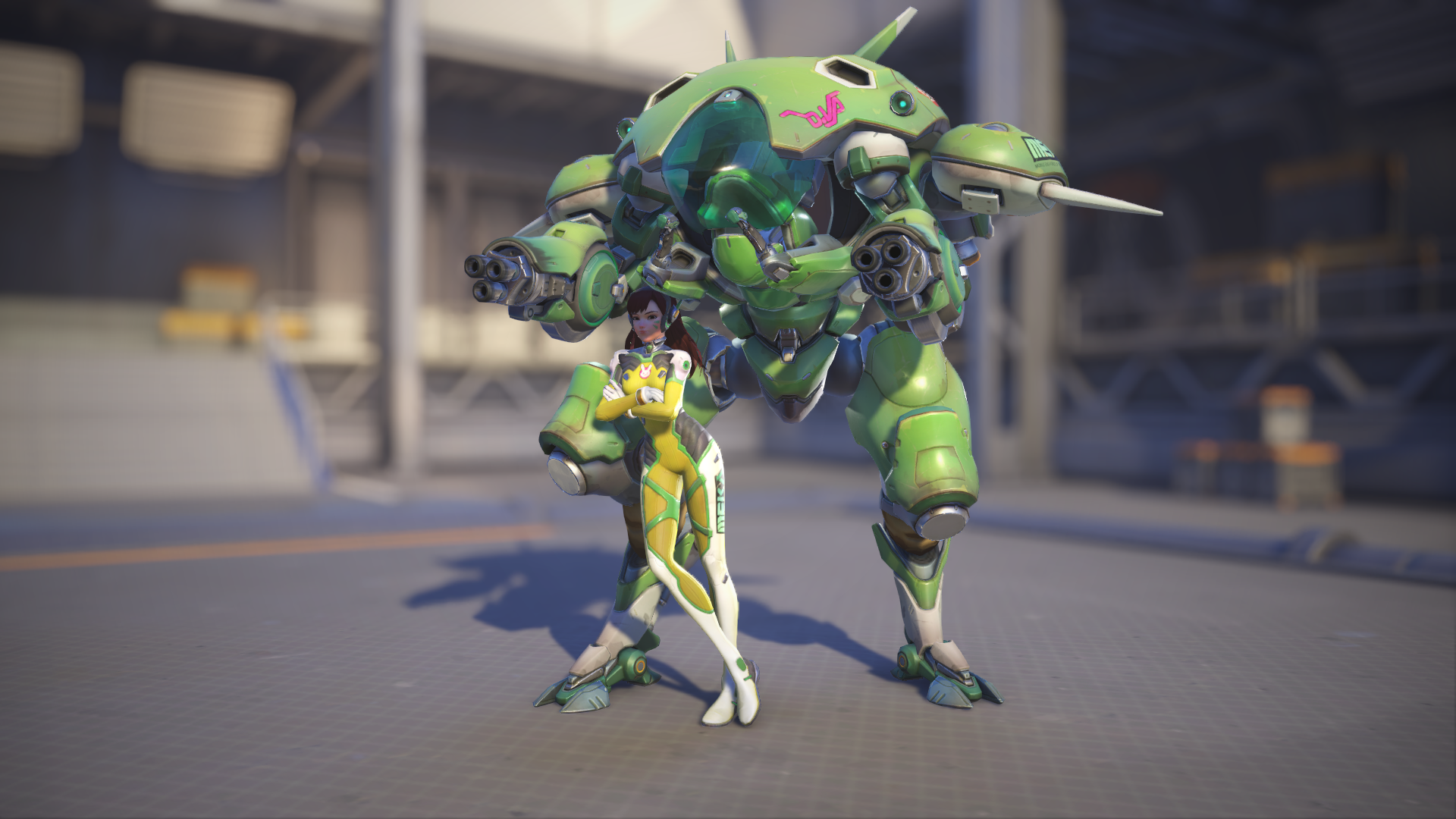 D.Va models her Lemon-Lime skin in Overwatch 2.