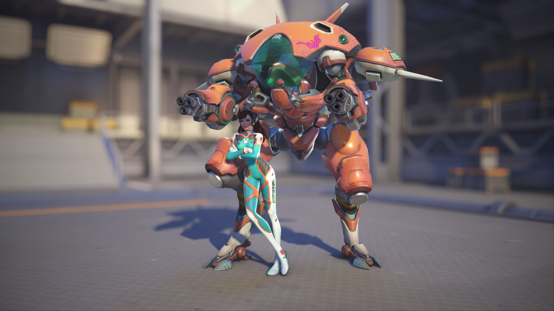 D.Va models her Tangerine skin in Overwatch 2.