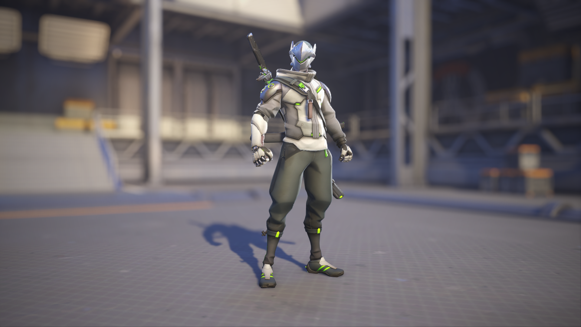 Genji models his default Overwatch 2 skin.