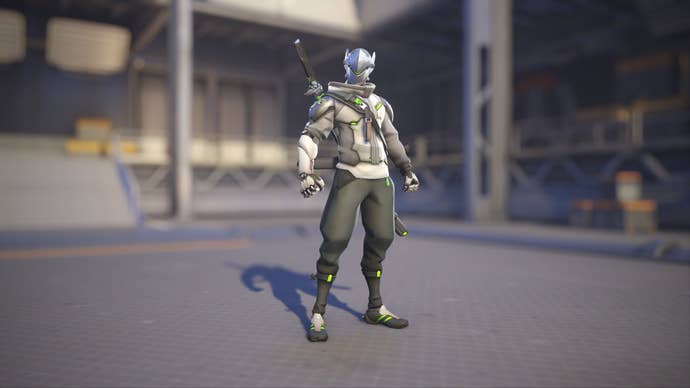 Genji models his default Overwatch 2 skin.