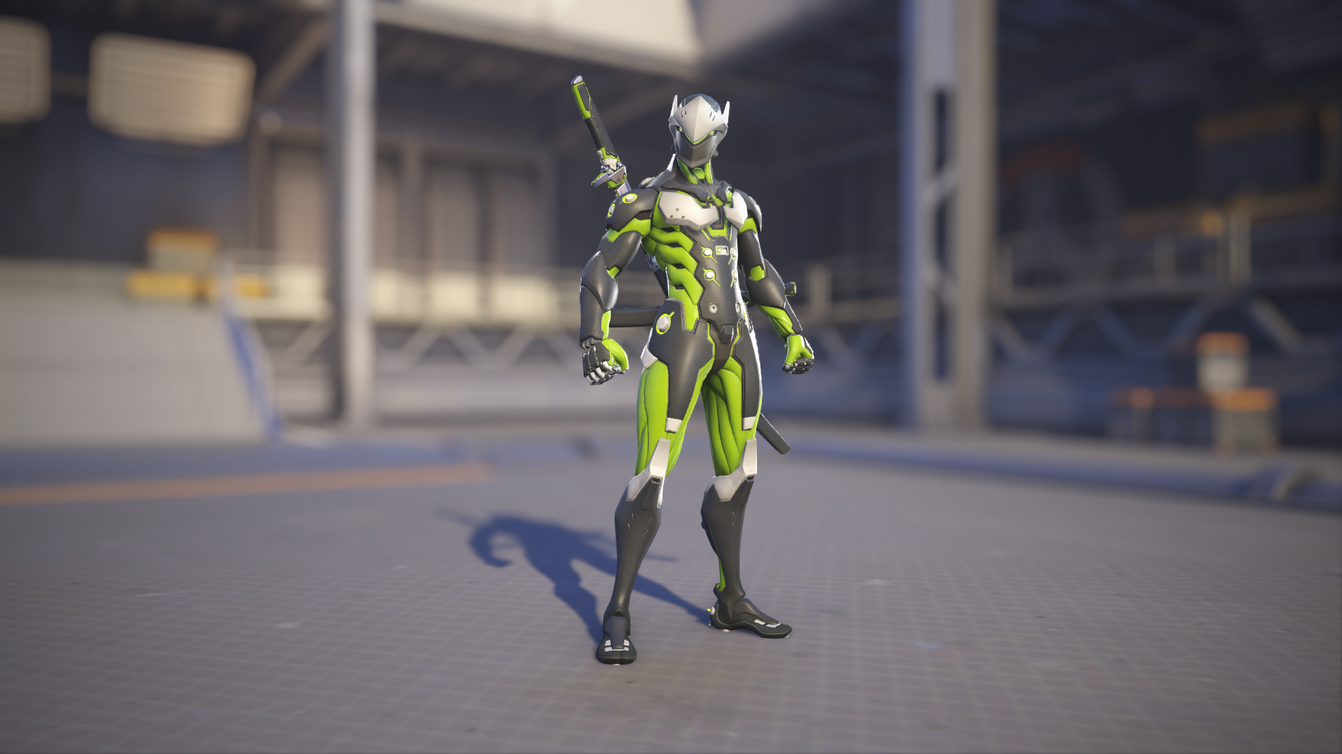 Genji models his Contenders Home skin in Overwatch 2.