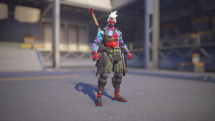 Genji models his Cyber Demon skin in Overwatch 2.