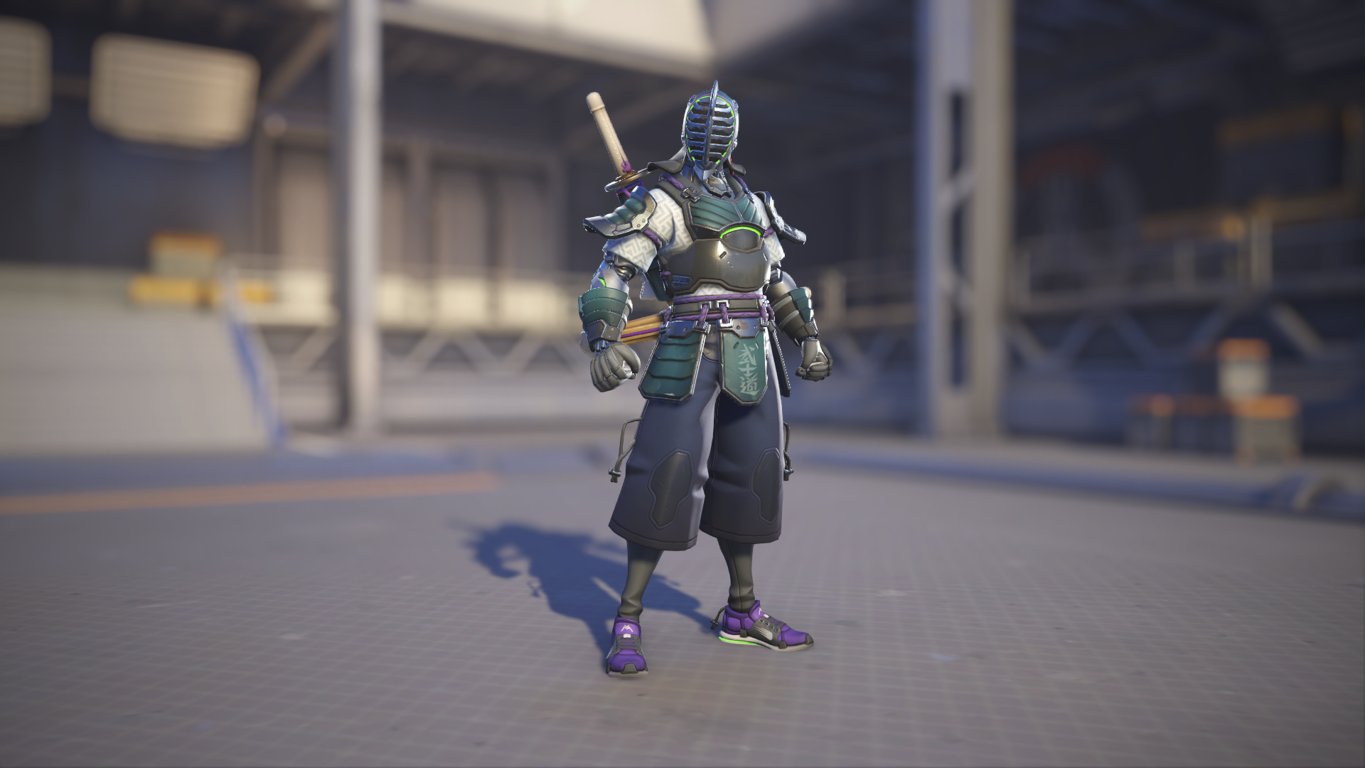 Genji models his Kendoka skin in Overwatch 2.