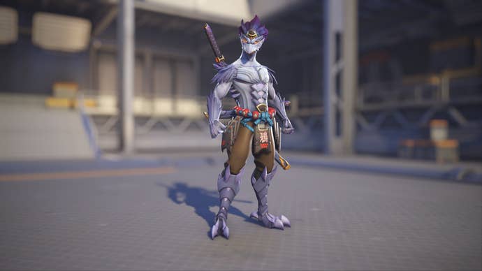 Genji models his Karasu-Tengu skin in Overwatch 2.