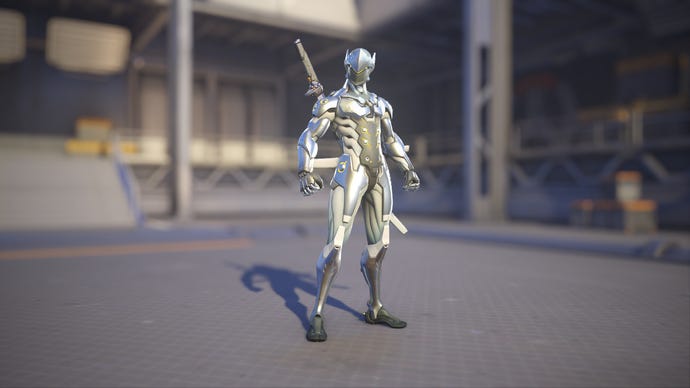 Genji models his Chrome skin in Overwatch 2.