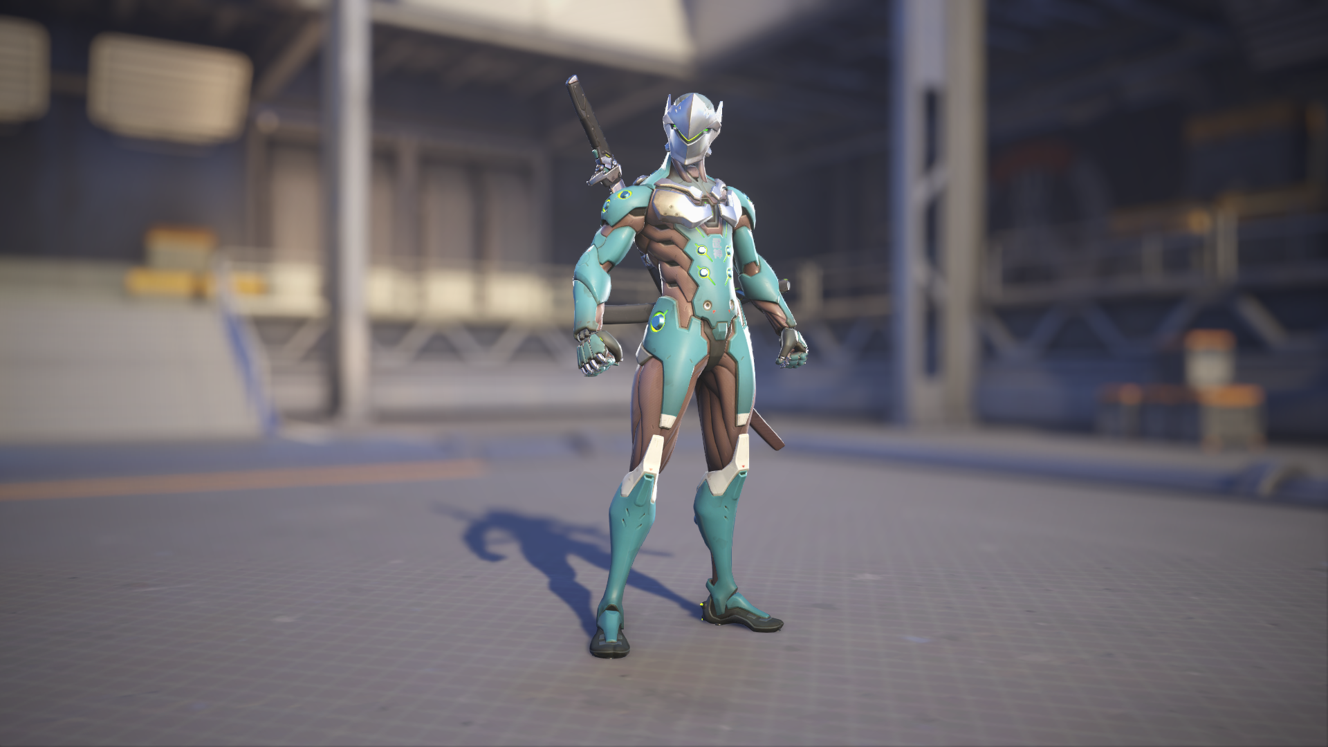 Genji models his Azurite skin in Overwatch 2.