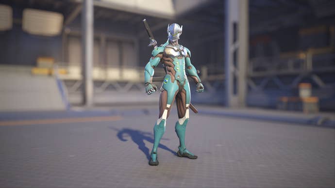 Genji models his Azurite skin in Overwatch 2.