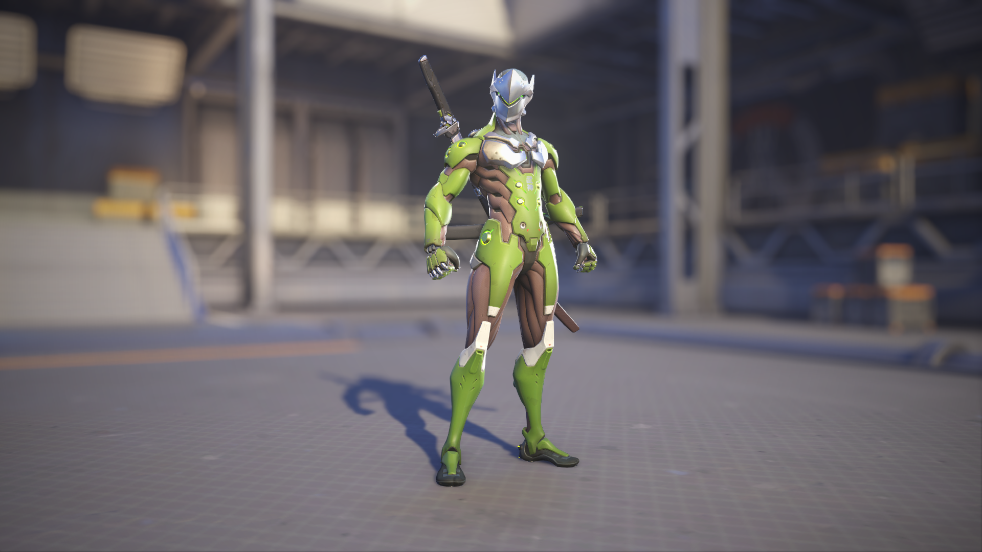 Genji models his Malachite skin in Overwatch 2.