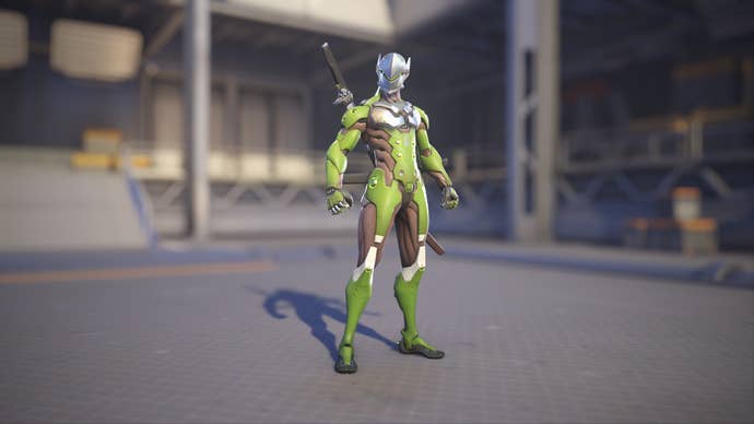Genji models his Malachite skin in Overwatch 2.