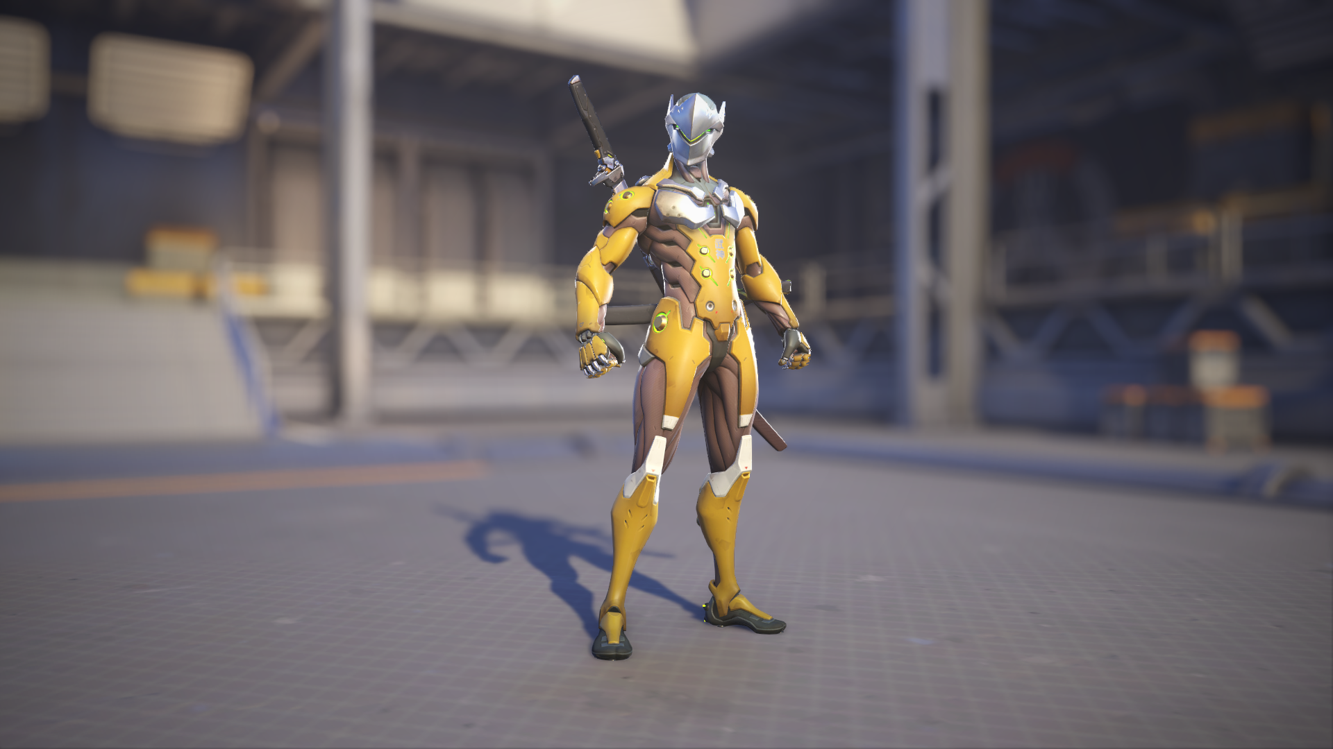 Genji models his Ochre skin in Overwatch 2.
