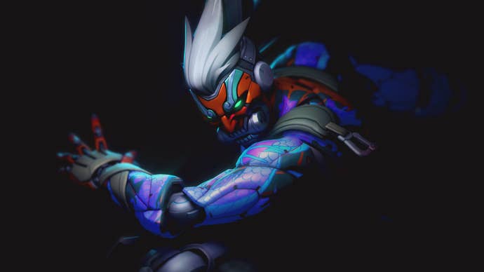 A close-up of Genji, a hero in Overwatch 2, wearing a mythic skin.