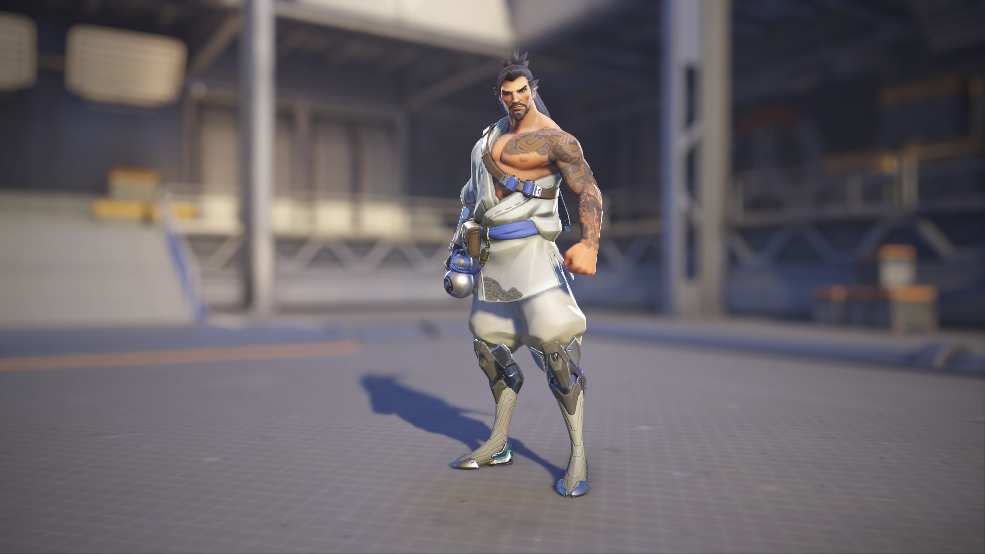 Hanzo models his Cloud skin in Overwatch 2.