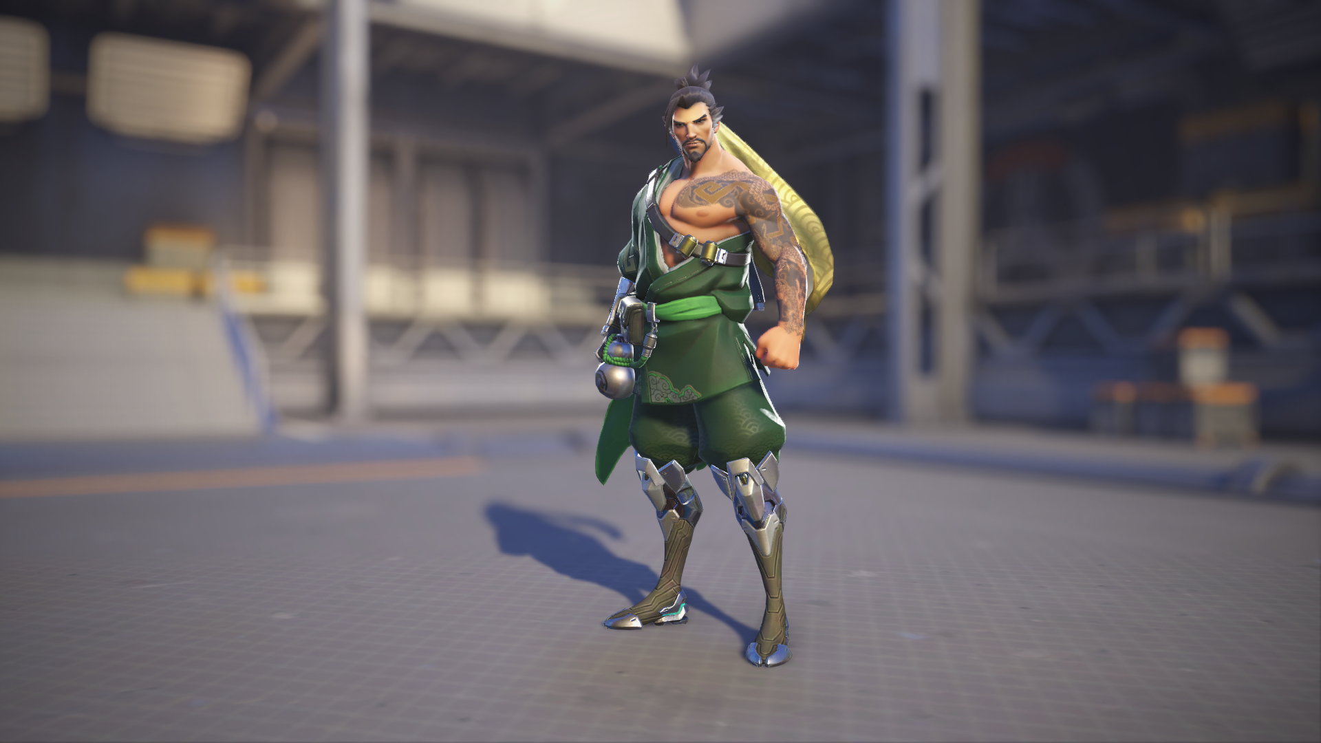 Hanzo models his Midori skin in Overwatch 2.