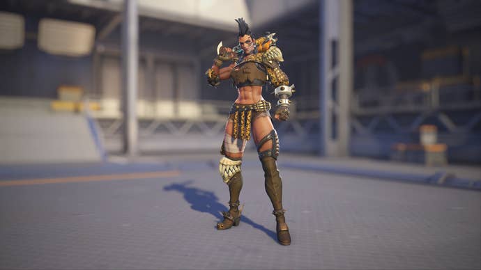 Junker Queen models her Beast Hunter skin in Overwatch 2.